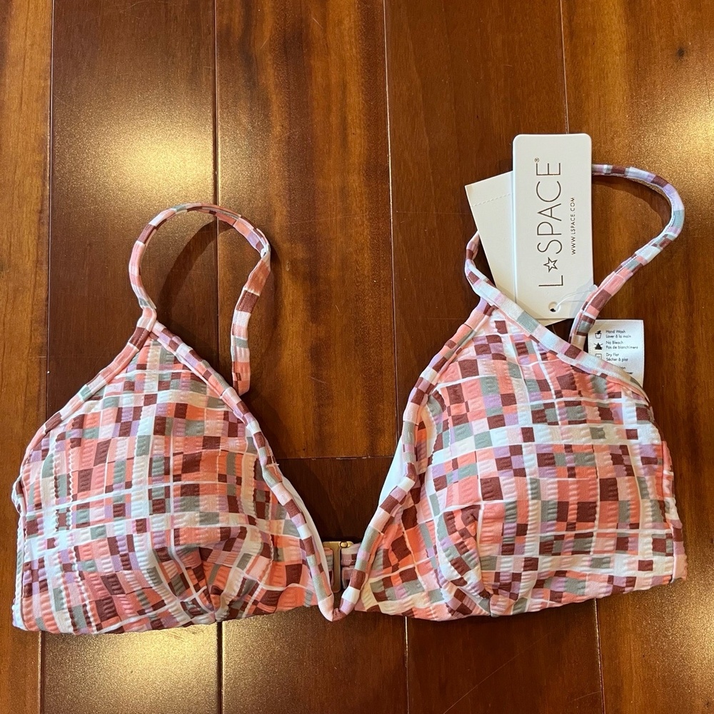 New NWT L*Space Helena Bikini Top‎ Multi Checkered Swim Red Pink Peach Sz Medium